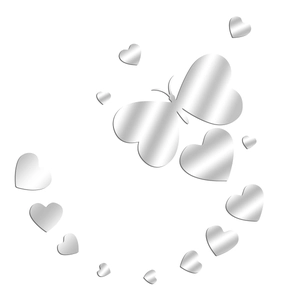 Detailed view of silver mirror butterfly and heart-shaped acrylic wall stickers for decor