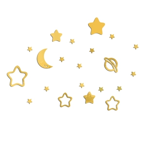 Detailed view of shiny gold acrylic star and moon mirror wall decals on white background