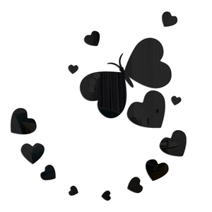 Black acrylic mirror wall stickers set with 3D butterfly and heart shapes for home decor