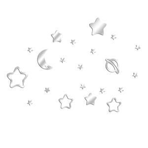 Detailed view of silver mirror acrylic wall stickers featuring stars and moon shapes