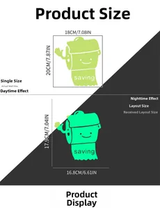 Size guide showing luminous bathroom wall sticker dimensions in day and night modes
