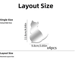 Detailed size specifications for a set of 4 silver cat-shaped acrylic mirror wall stickers