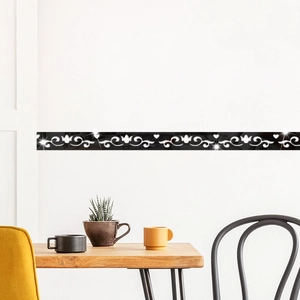 Modern acrylic mirror wall sticker with black scrolls and white hearts decor