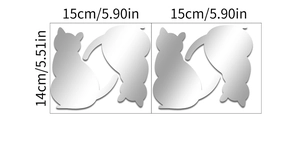 Detailed size chart showing cat-shaped acrylic mirror wall stickers with measurements