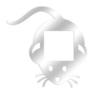 Detail of silver acrylic mouse switch sticker with a reflective mirror finish and cutout