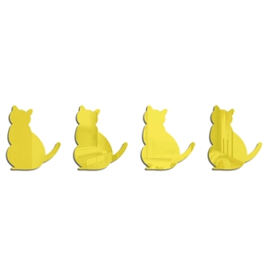 Detailed view of four reflective golden cat-shaped acrylic mirror wall stickers on white background