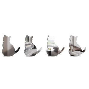 Detailed view of four 1mm acrylic cat mirror wall stickers with modern reflections
