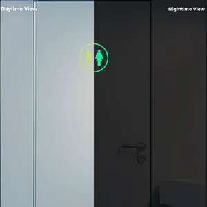 Luminous bathroom door sign showing glowing effect in darkness vs daytime visibility
