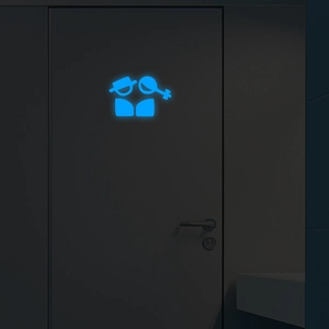 Leuchtender Bad-Türaufkleber mit blau glühenden männlichen und weiblichen Symbolen