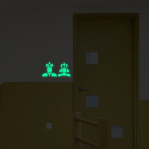 Glow-in-the-dark bathroom door stickers featuring luminous King and Queen silhouettes