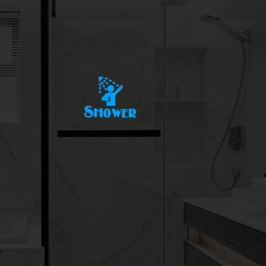 Luminous blue shower door sticker with human icon and text on bathroom glass surface