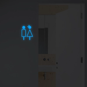 Panneau de toilettes bleu néon avec icônes homme et femme minimalistes sur porte de salle de bain
