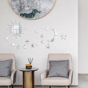 Modern acrylic mirror wall stickers featuring celestial sun, moon, and star shapes