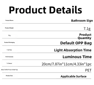 Detailed chart for luminous PET bathroom sticker showing dimensions 20x11cm and glow features