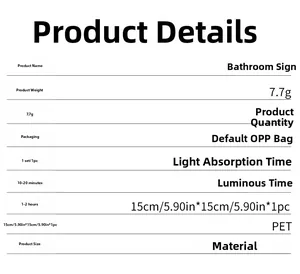 Luminous bathroom sign specifications showing size 15x15cm and PET material details