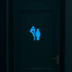 Glow-in-the-dark blue fluorescent toilet sign sticker with creative peeking figures on a door