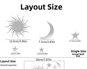 Size chart showing solar moon and star acrylic wall stickers with detailed dimensions