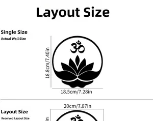 Größentabelle für Lotus und Om Wandaufkleber mit Maßen in Zentimetern und Zoll für die Wand