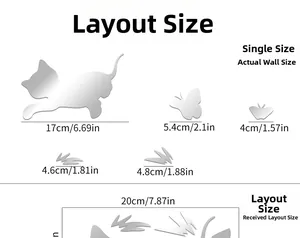 Size chart for acrylic cat and butterfly mirror wall stickers with detailed dimensions