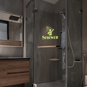 Glow in the dark shower sign sticker for bathroom glass door featuring icon and text