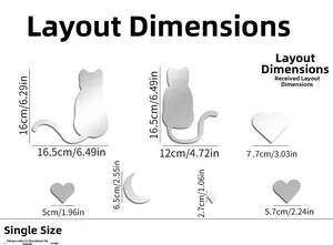 Detailed dimension guide for mirror acrylic cat wall stickers with sizes in cm and inches