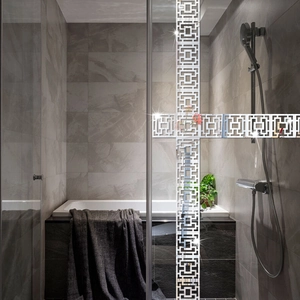 Silver mirror acrylic wall stickers with Greek key hollow pattern for bathroom decor