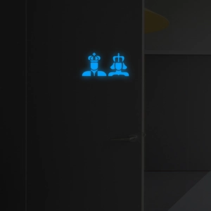 Glow-in-the-dark bathroom door stickers featuring blue luminous King and Queen silhouettes