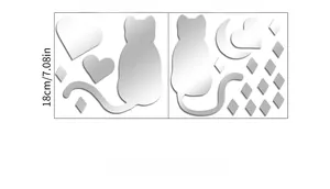 Detailed view of silver acrylic cat and heart mirror wall stickers with dimensions