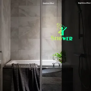 Luminous shower wall sticker showing comparison between daylight and green night glow effect