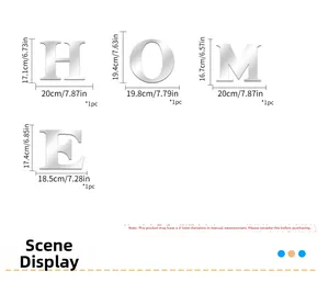 Detailed dimensions of silver mirror HOME acrylic wall stickers with measurement guide