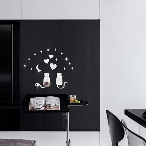3D silver mirror acrylic wall stickers featuring two cats, hearts and moon decor