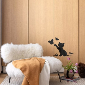 Black acrylic mirror wall stickers featuring a playful cat silhouette and butterflies