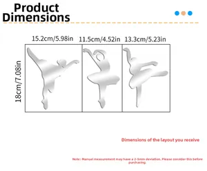 Size guide for 3D ballet dancer wall decals showing dimensions in cm and inches
