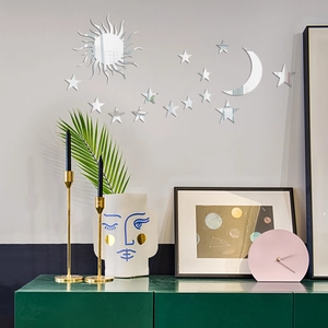 Detailed mirror acrylic wall stickers featuring sun, moon and star set for modern home decor