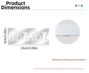 Silver mirror acrylic wall sticker detail with floral engraving and 15x6cm dimensions