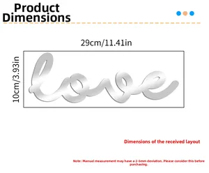 Size chart showing dimensions for silver mirror Love lettering wall sticker, 29cm by 10cm