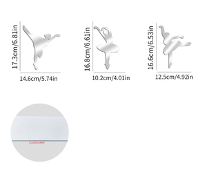 Detailed mirror acrylic ballet stickers dimensions showing 1mm thickness and dancer sizes