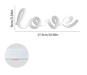 Detailed dimensions of silver mirror love wall sticker with length and thickness labels