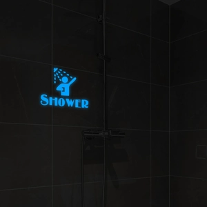 Luminous blue shower room wall sticker with figure icon and SHOWER text on dark tile