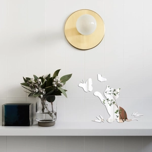 Close-up of cat and butterflies acrylic mirror wall stickers on a white tile wall