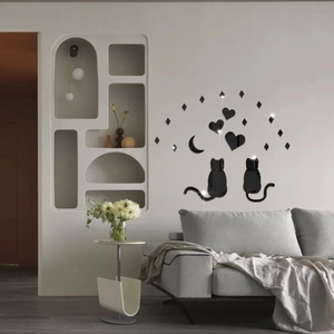 Detailed mirror acrylic wall sticker showing black cat silhouettes with moon and stars