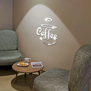 3D silver acrylic mirror wall sticker with Coffee letters and cup for kitchen decor