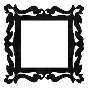 Macro view of black acrylic mirror frame sticker with vintage European scroll patterns