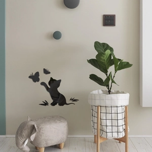 Minimalist black acrylic cat and butterfly wall mirror stickers for bedroom decoration