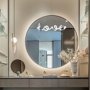 Modern backlit LED round wall mirror with silver love lettering for home decor