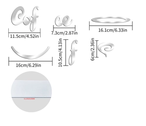 Detailed view of silver acrylic coffee mirror wall stickers with specific size measurements