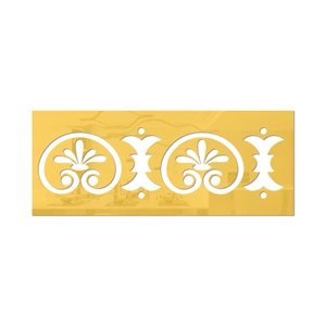 Detail of gold acrylic mirror trim with white European floral patterns and mounting holes