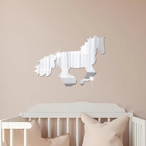 Detailed mirror wall sticker showing a running horse silhouette on a cozy bedroom wall