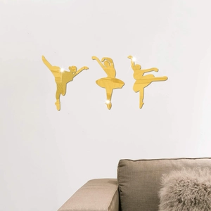 Three-piece set of golden acrylic ballet dancer wall decals with mirror finish for living room