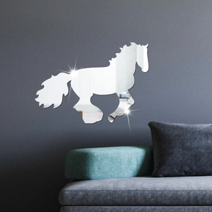 Macro view of running horse acrylic mirror wall decal with reflective surface on gray wall